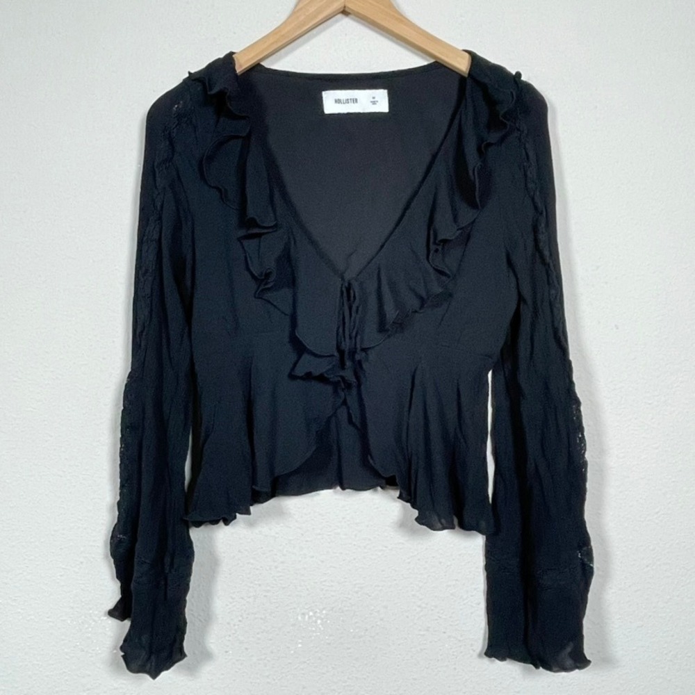 Hollister Women M Black Lace L/S Bell Cropped Top Dark Romantic Witchy Tie Front